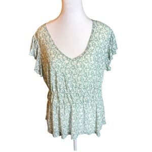 Madison & Berkeley Women's Floral Flowy Top Sea Green Short Sleeve Size‎ L NWT